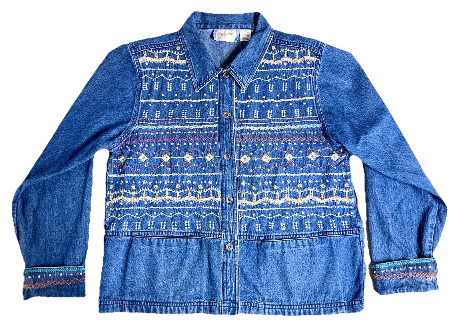 Vintage 90s Denim Shacket XL Western Boho Embroidered Button Up Jacket Prairie