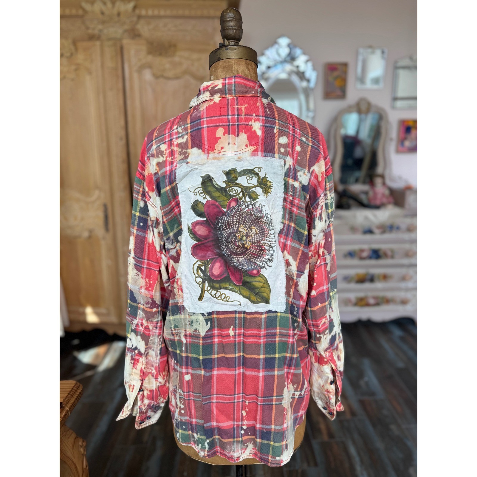 Upcycled Floral Flannel Shirt Rayon Bleach Art Medium Boho