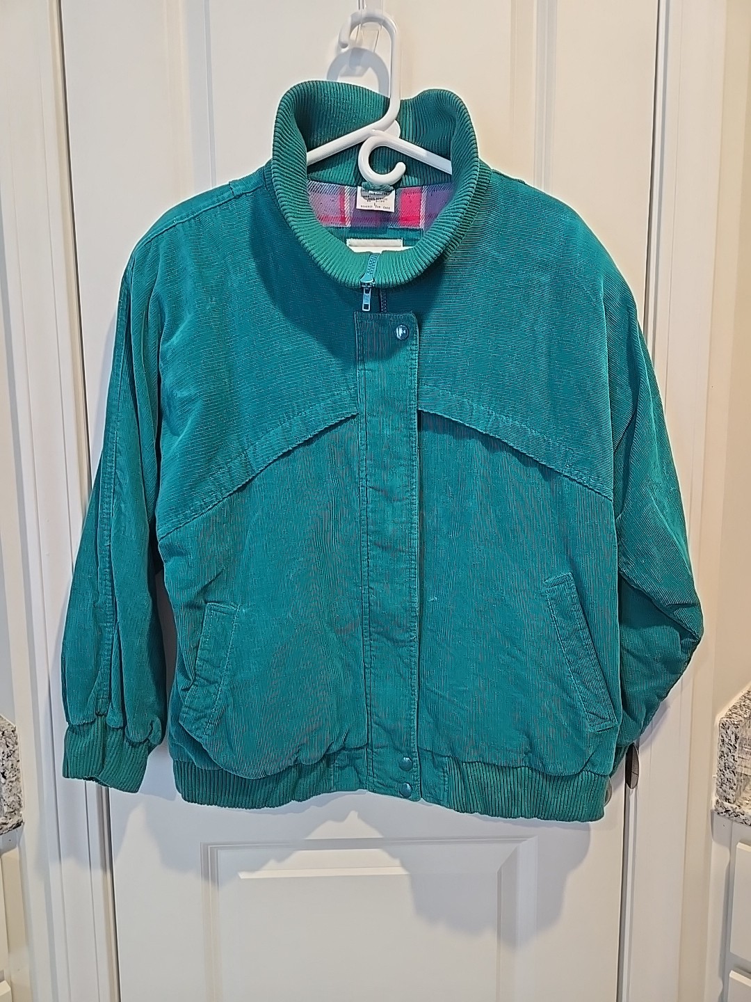VTG Blair Green Corduroy Zip and Button Up Collared Plaid Lined Jacket Size L