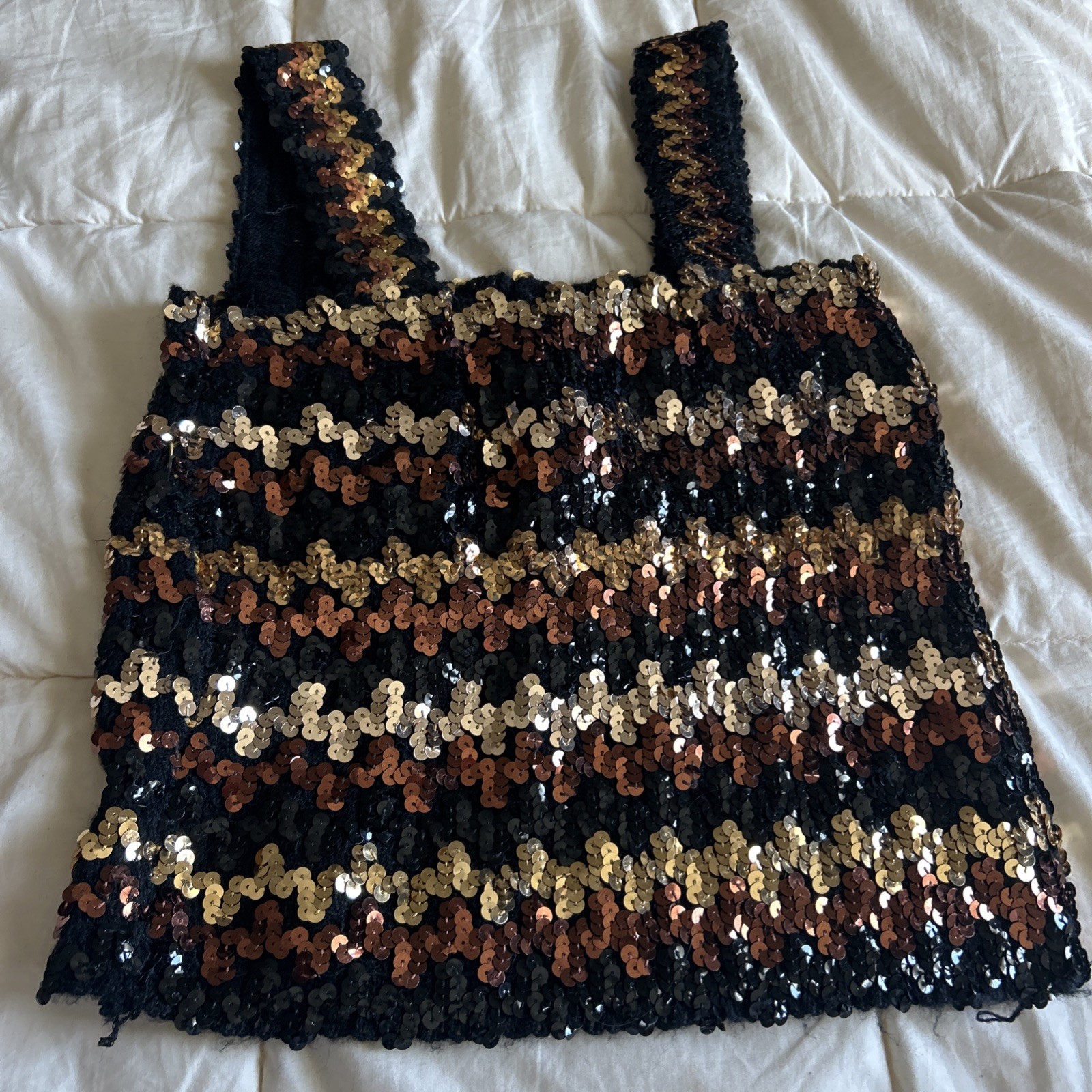 Vintage Sequin Top Cropped Black Brown Gold Small