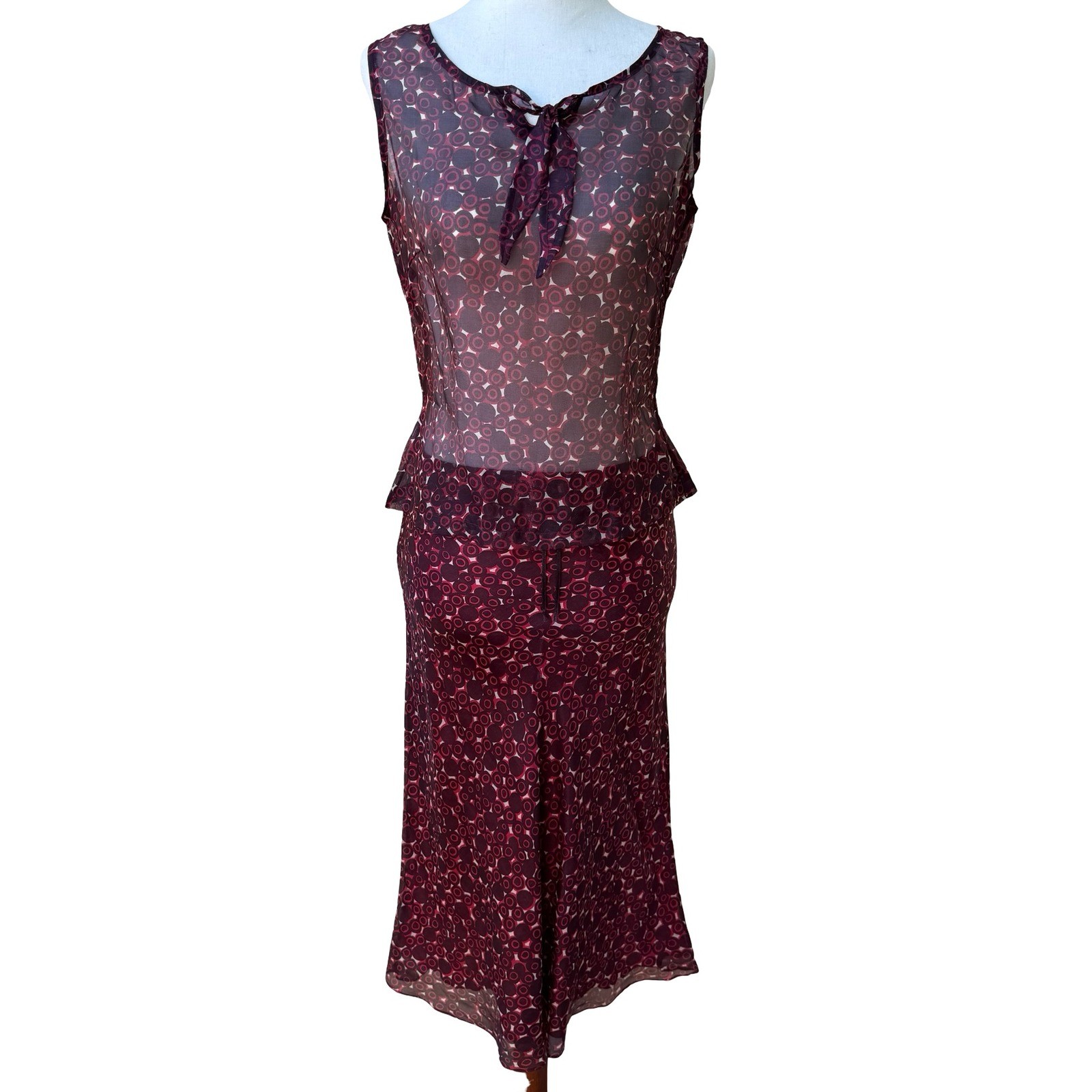 Lance Karesh Vintage Y2K Silk Geometric Sheer Peplum Top Midi Skirt Dress Set