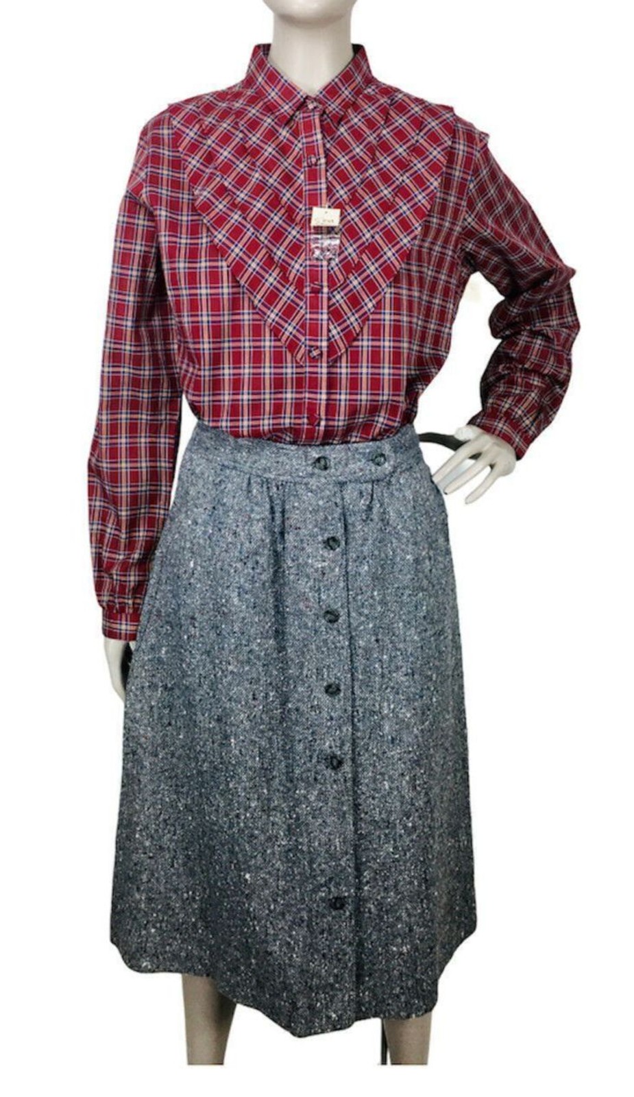Vintage 80s Boho Western Cowgirl Plaid Ruffle Front Button-Down Blouse NEW