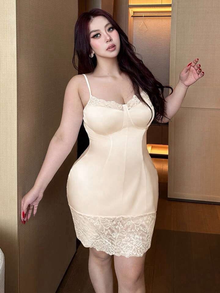 Glossy Stretch Satin Full Slip Mini Dress Apricot Wide Lace Shaper 4X 4XL NEW