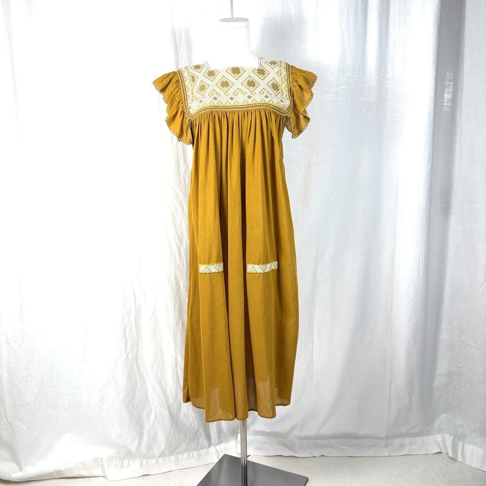 Vtg 70s Handmade Oaxaca Huipil Dress Embroidered Boho Folk Cotton Sz S/M Cottage