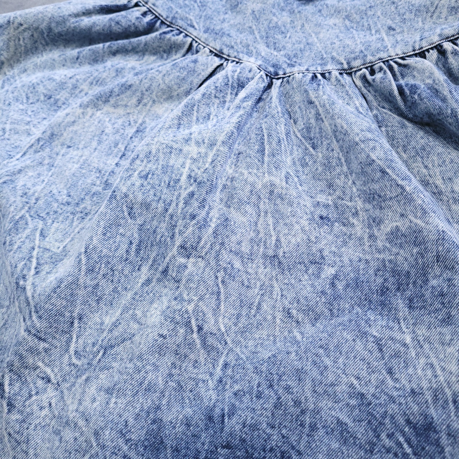Vtg 80’s Jet Set Acid Washed Denim Flare Mini Skirt Size 14 Bow Elastic Waist