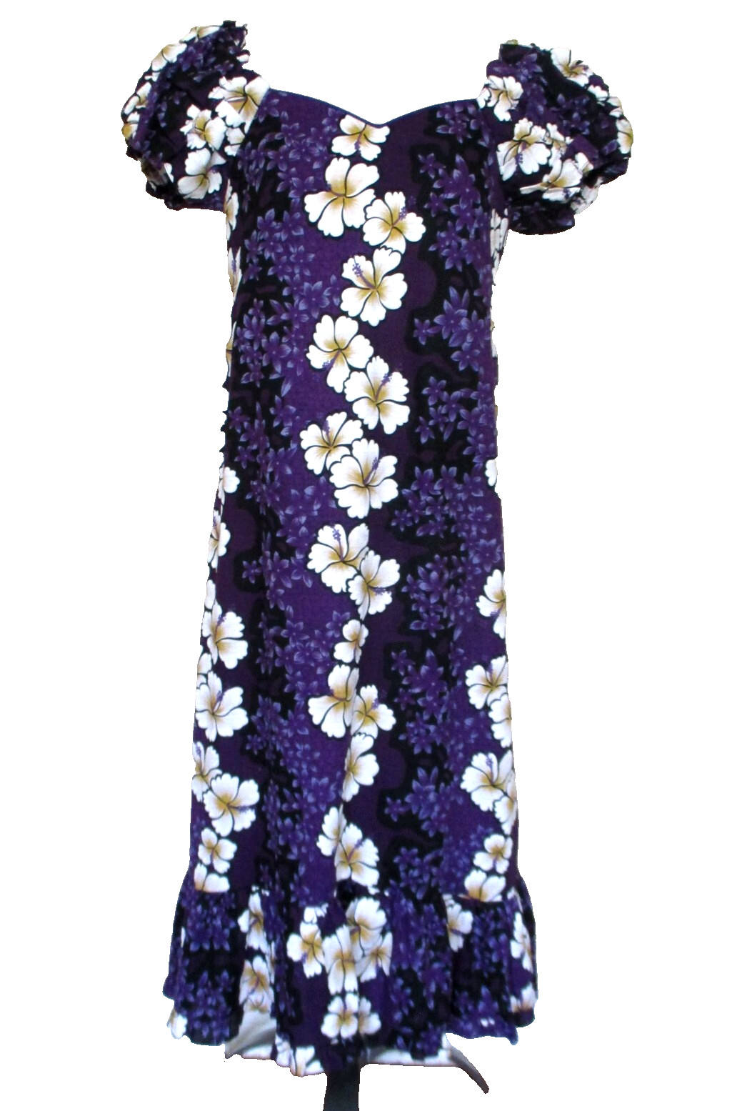 Vintage Hilo Hattie Hawaiian Maxi Dress Purple Hibiscus Floral Barkcloth S Women