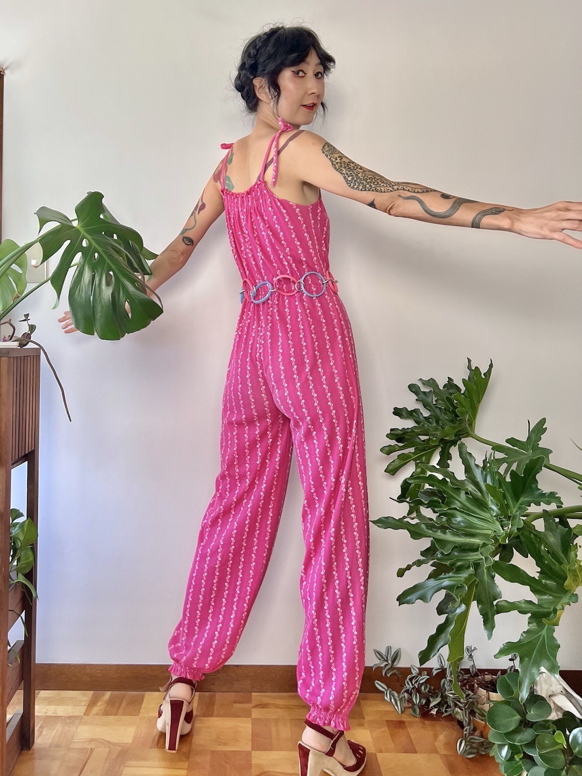 vintage 70s Hot Pink Disco Jumpsuit Floral Stripe Tie Strap Boho Stretch XS S M