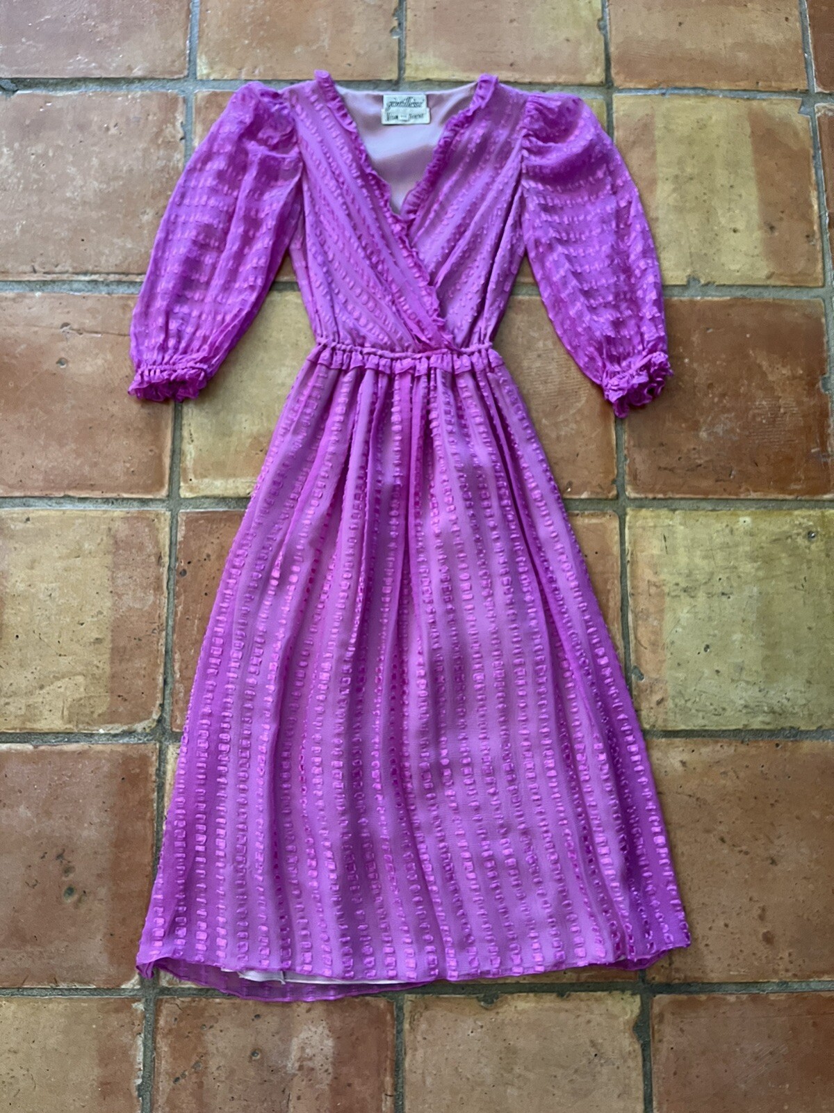 1980s Neiman Marcus Pink Sheer Ruffle Wrap Dress Ribbon Belt Petite Vintage