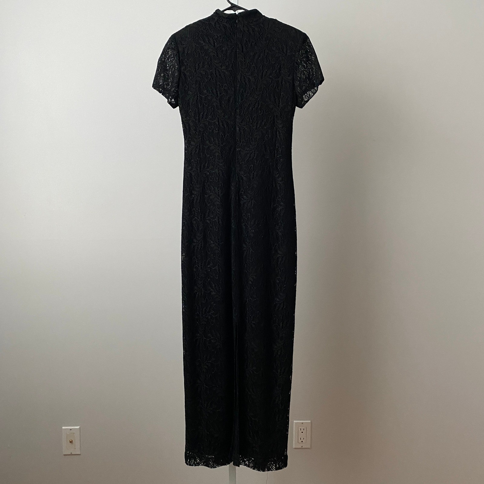 Jessica Howard 10P Black Lace Metallic Cheongsam Style Maxi Dress Vintage Goth