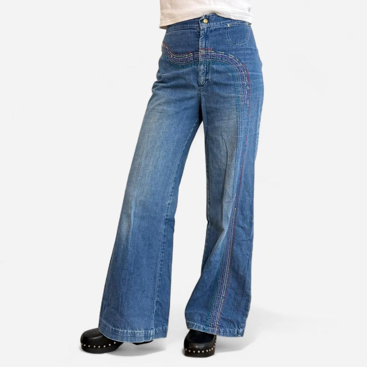 VTG 70s Rainbow Wave Bell Bottoms High Waisted Flare Leg Jeans Scovill Zip 26×31