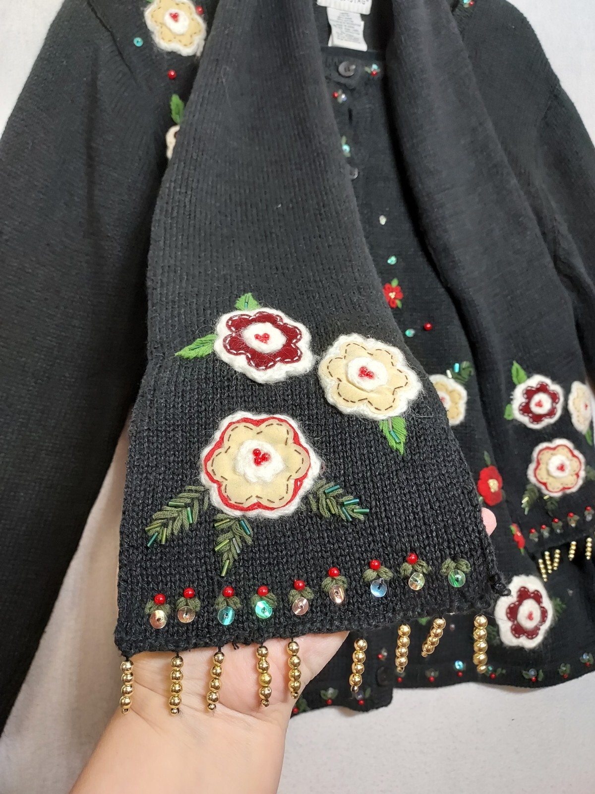 VTG Granny Core Sweater & SCARF Sz L White Stag Flowers Beaded Fringe Boho 2 Pc