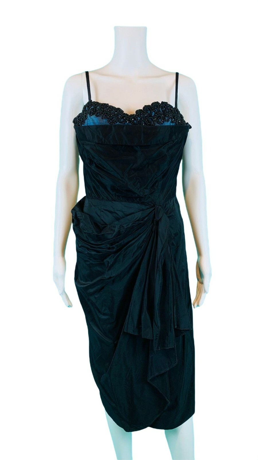 Vintage 1950s Sarong Wiggle Dress Cocktail Black Blue Old Hollywood W 28″