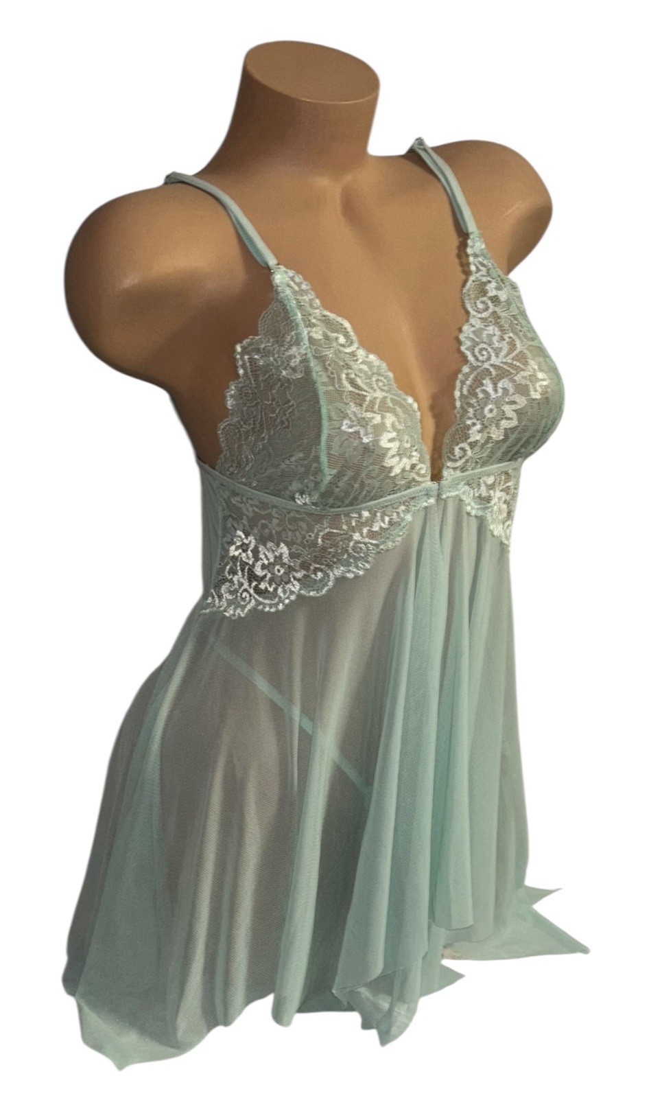 2PC AVIDLOVE Mint Green Shiny Sheer Lace Nightie & String Bikini Panties L NWT