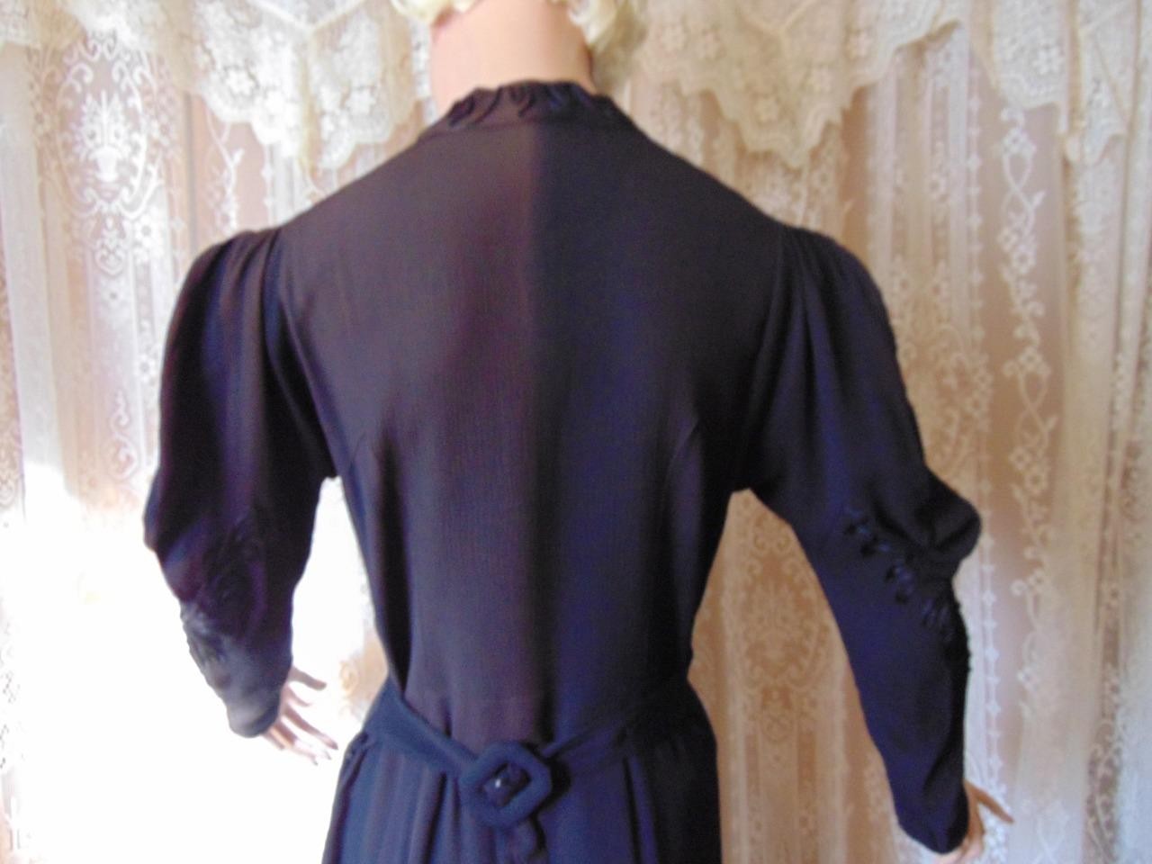 VTG 30s Black Crepe Dress Amazing Juliet Sleeves Soutache trim 36B has fade
