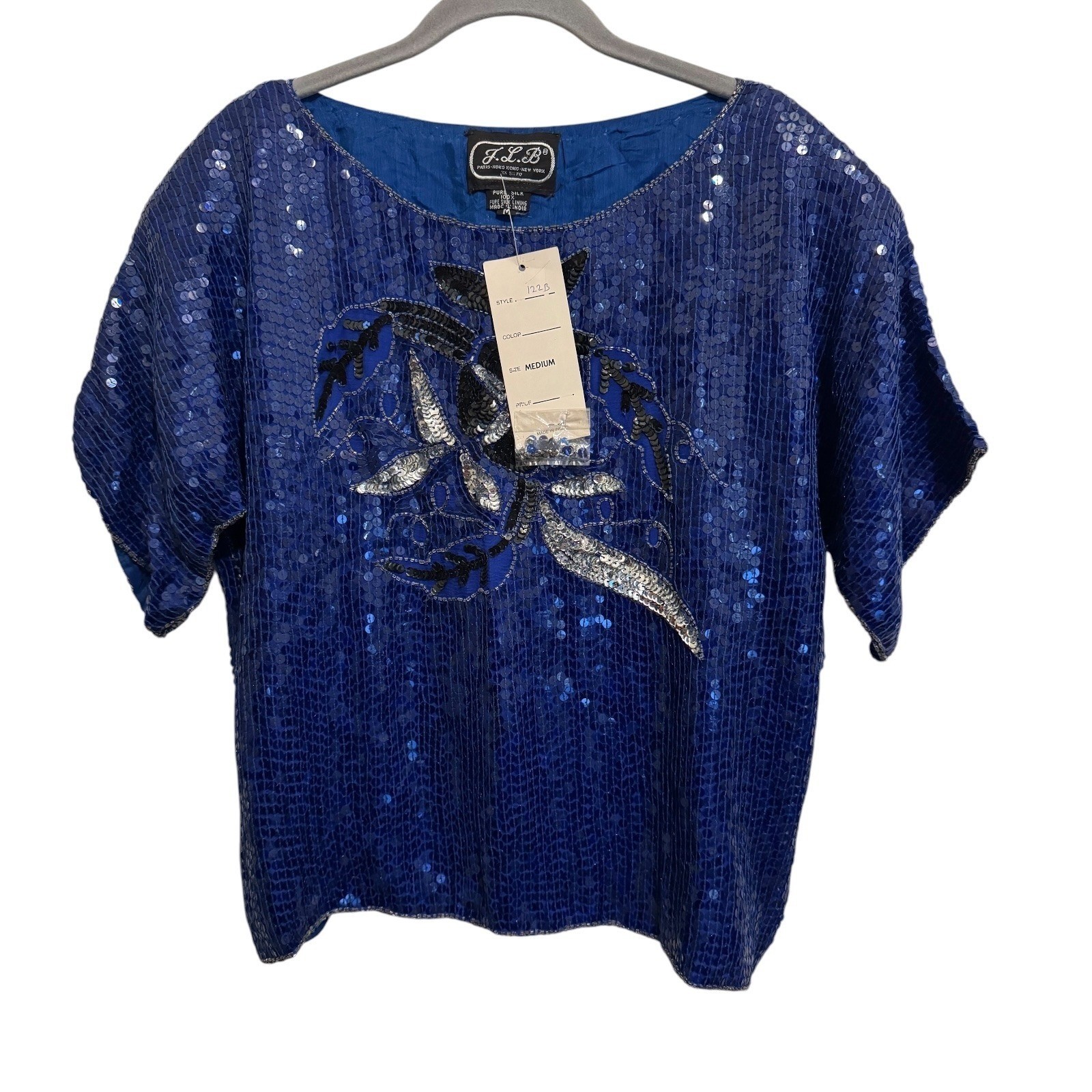NEW Sequin Blouse Women’s Medium Blue Silk Top Deadstock Vintage Glam Sparkle