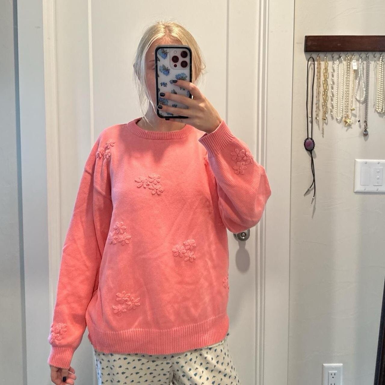 Tulchan Vintage Pink Cotton Embroidered Floral Sweater Size Large Cottagecore