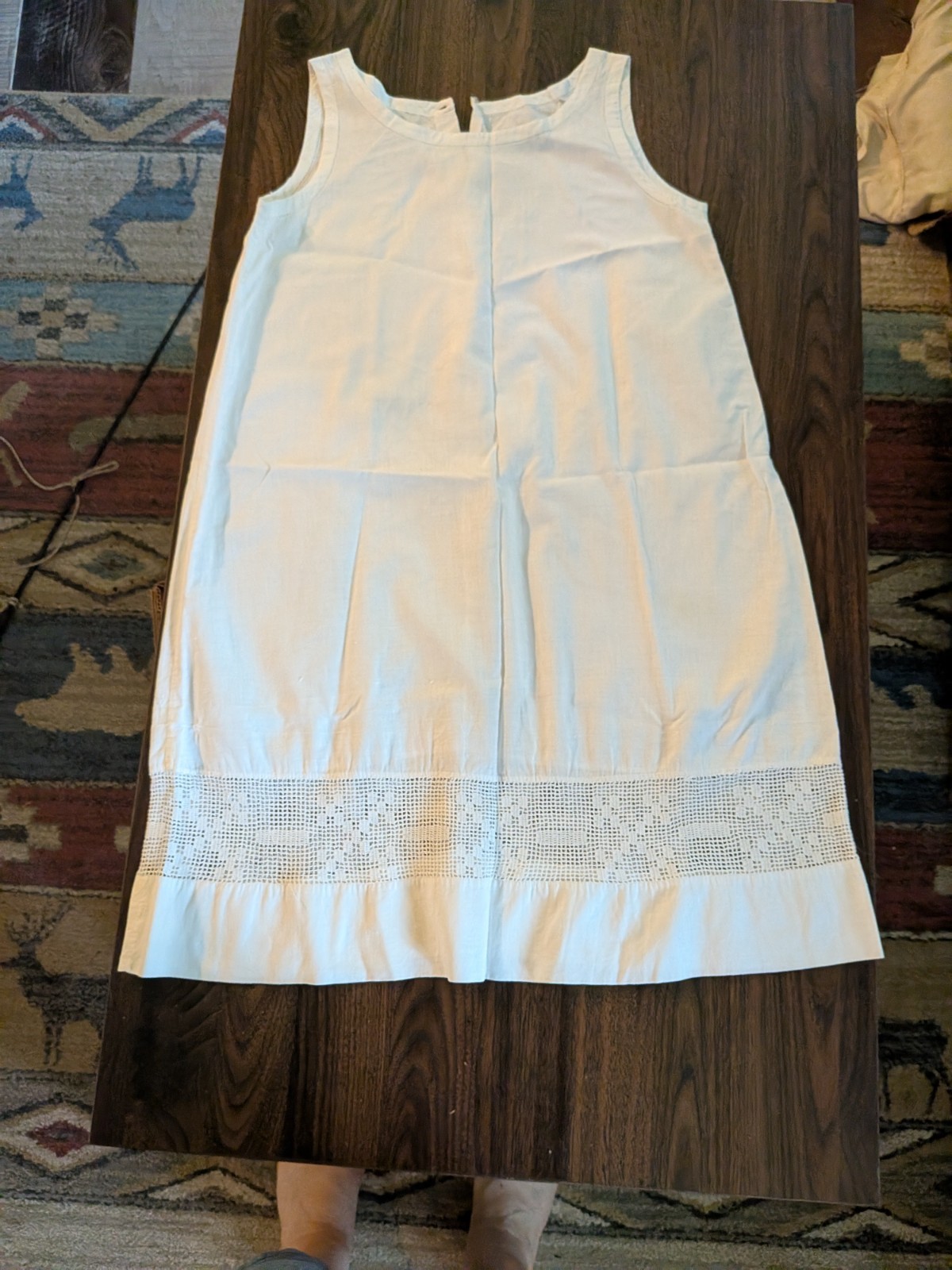 Antique Girl’s White Cotton Dress Filet Crochet Inset Sleeveless c1915-1925