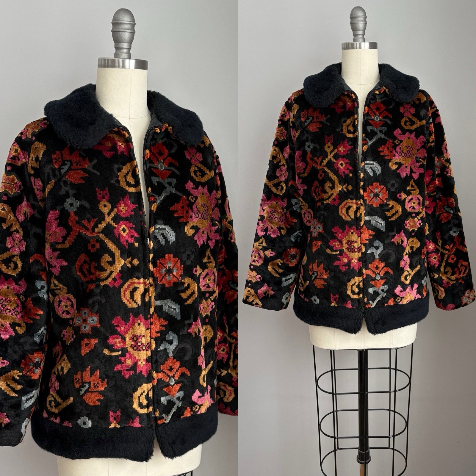 Vintage 1960’s Cut Velvet Chenille Tapestry w/ Faux Fur Trim Coat Size Medium