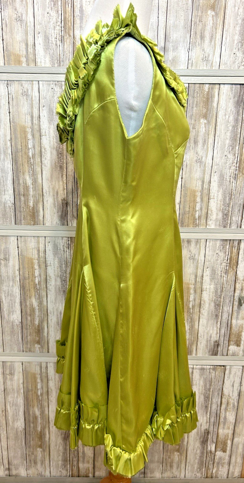 Vintage Handmade Satin Whimsical Green Party Dress – Flower, Fairy Costume Sz M