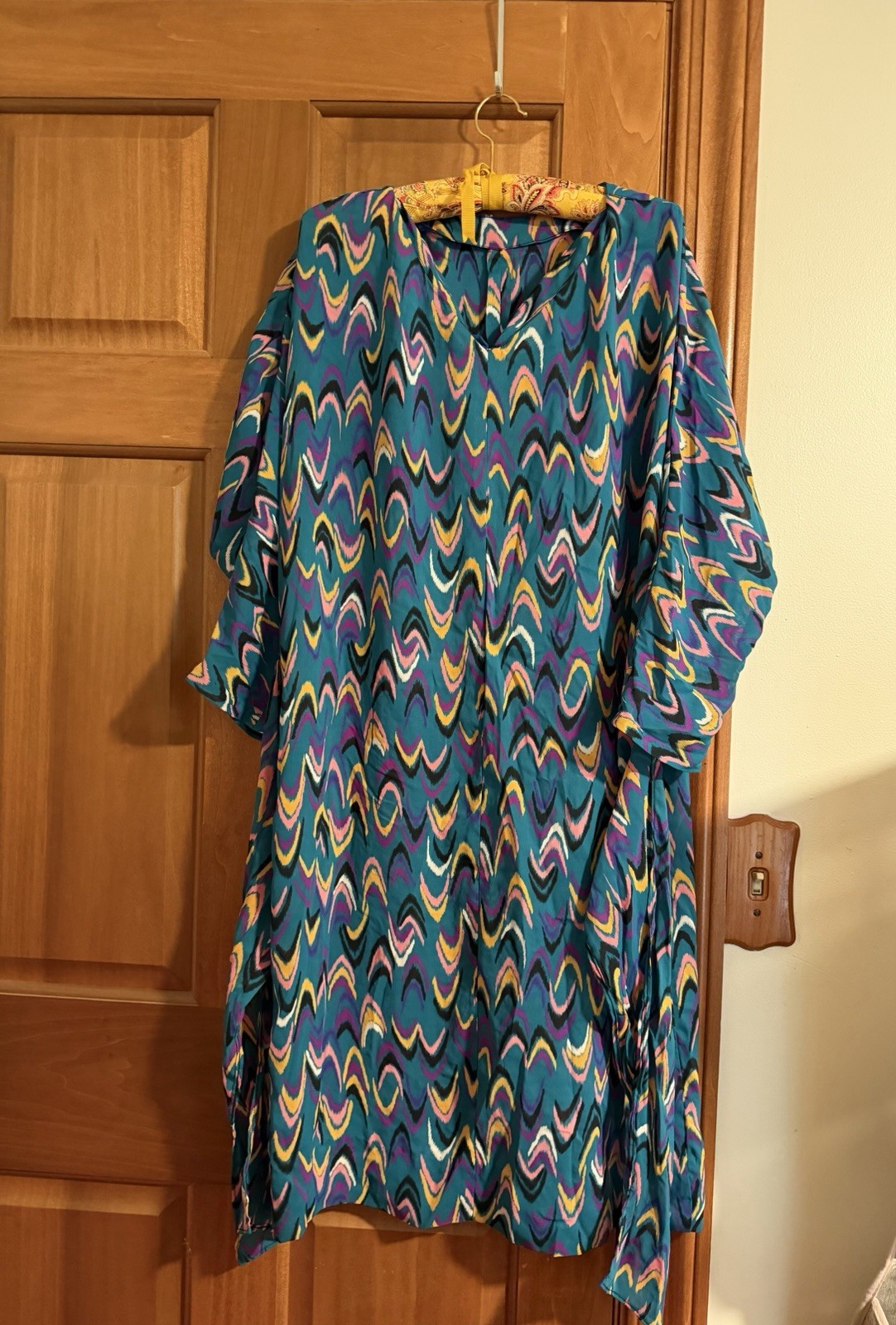 True Vintage 70s Handmade Psychedelic Kaftan Dress Batwing Dolman Sleeve L XL