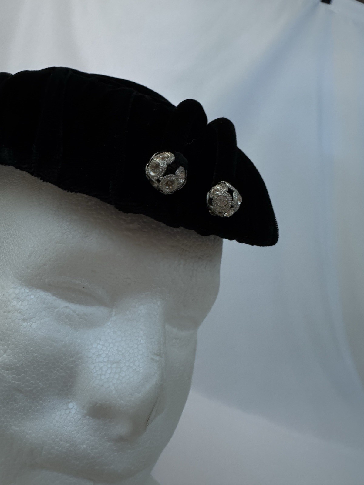 Vintage Black Velvet Cocktail Hat Art Deco Rhinestone Dress Womens FAST SHIP