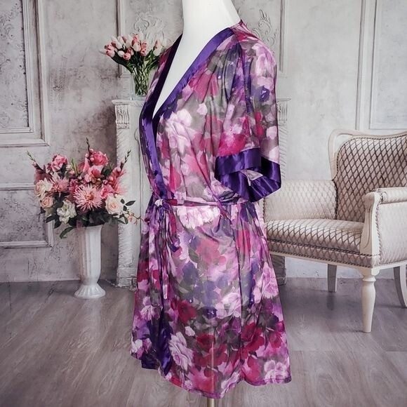 Vintage Sheer Floral Purple Multi-Color Double Tie Waist Robe Size Medium
