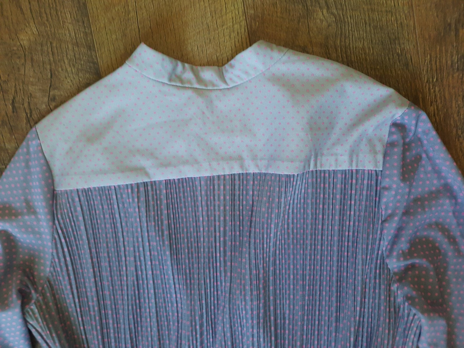 VTG Hal Ferman Midi Dress Women Size M Long Sleeve Gray Pink Polka Dots Pleated