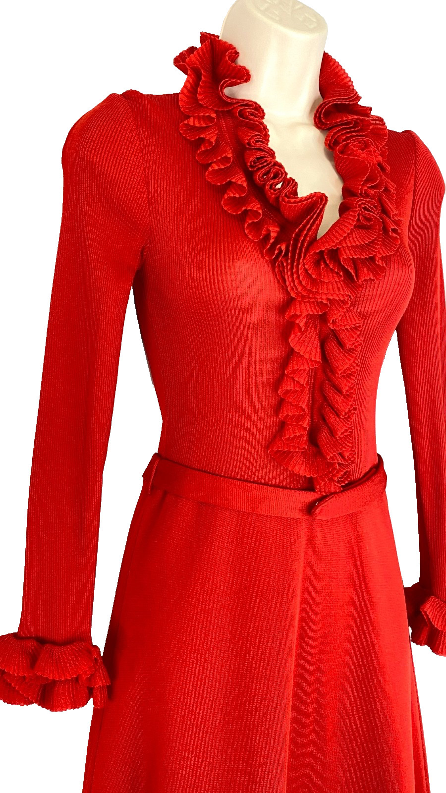 Vintage 1970s red ruffle maxi dress long sleeve flounce A-line Victorian style
