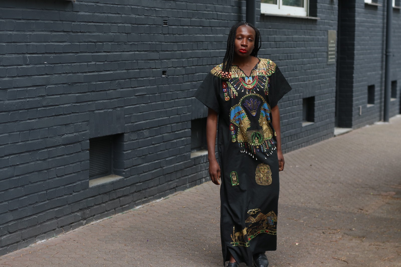 Vintage Egyptian Kaftan Black Gold Embroidered Maxi Dress 70s Boho Caftan