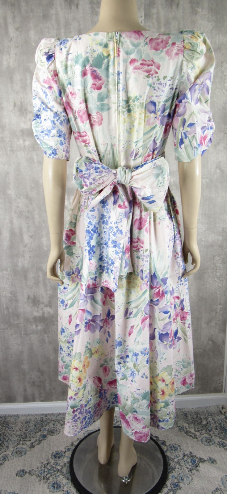 Vintage 80s Expo Floral Puffy Sleeves Big Bow Floral Cotton Midi Tea Dress S/M