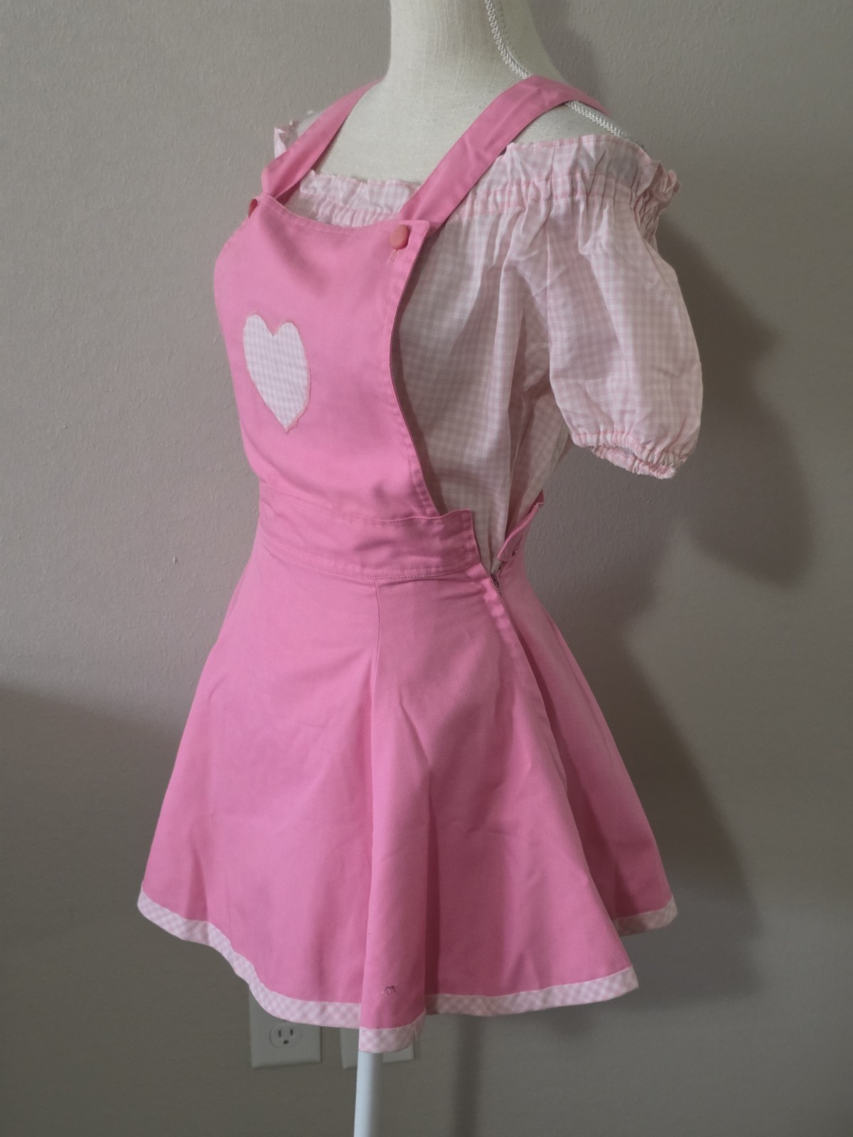 Vintage 70s Overall Dress Outfit Size 0 XS Pink Gingham Peasant Blouse Teens