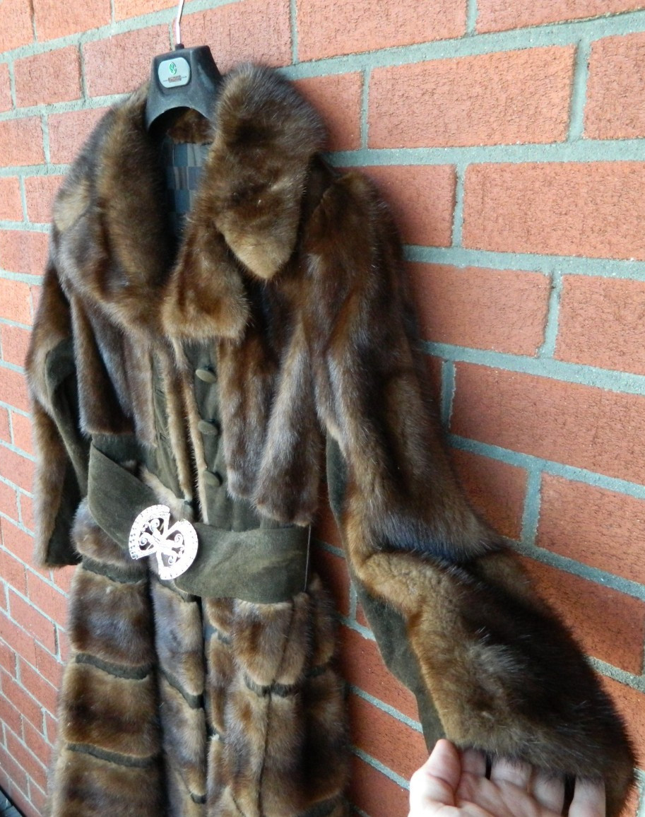 Vintage Real Mink Fur & Suede Metal Belted Coat Mod Paneled Design AS IS Medium