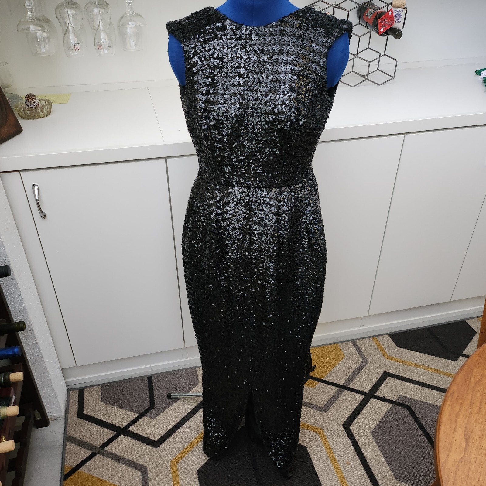 Vtg 1950s 1960s Smart Miss Black Sequin Gown Tulip Maxi Dress XS VLV