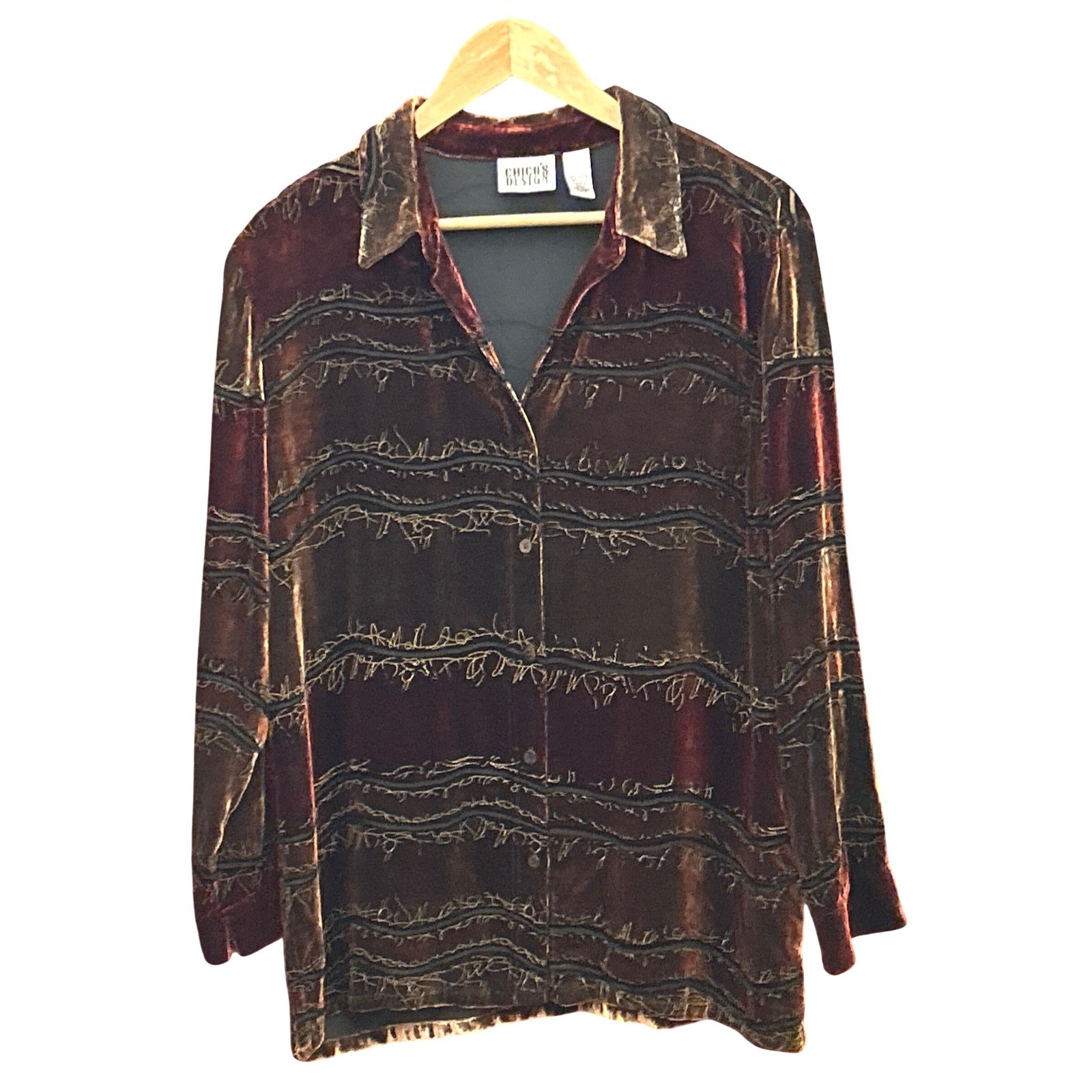 90s Chicos Design Silk Velvet Button Down Whimsigoth Art to Wear Shirt Burgundy
