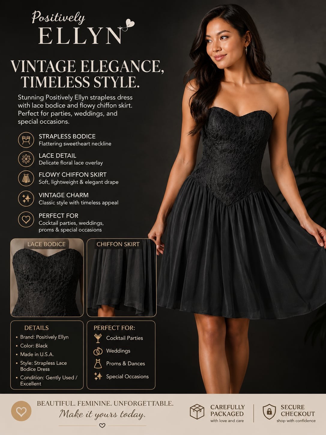 Positively Ellyn Vintage 80s Strapless Lace Bodice Chiffon Dress