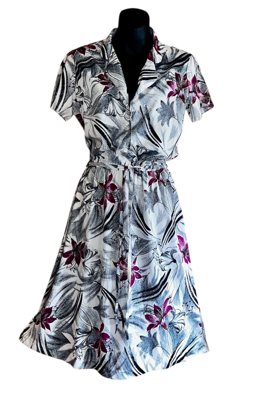 Vintage 1970’s Polyester Floral Disco Short Sleeve MIDI Dance Party Dress Sz M