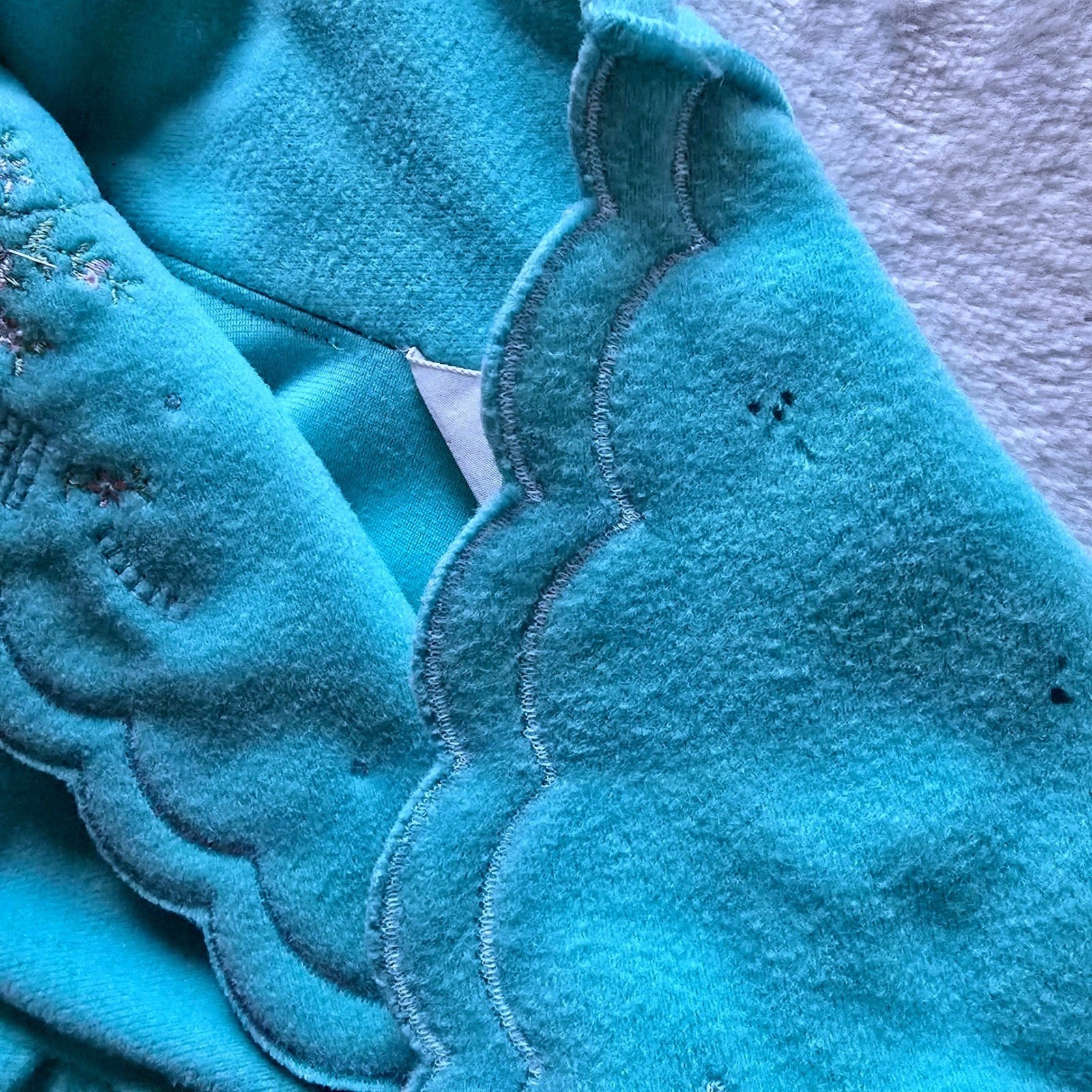 Vintage Shadowline Robe Turquoise Blue Fleece Floral Embroidered Snap Front L