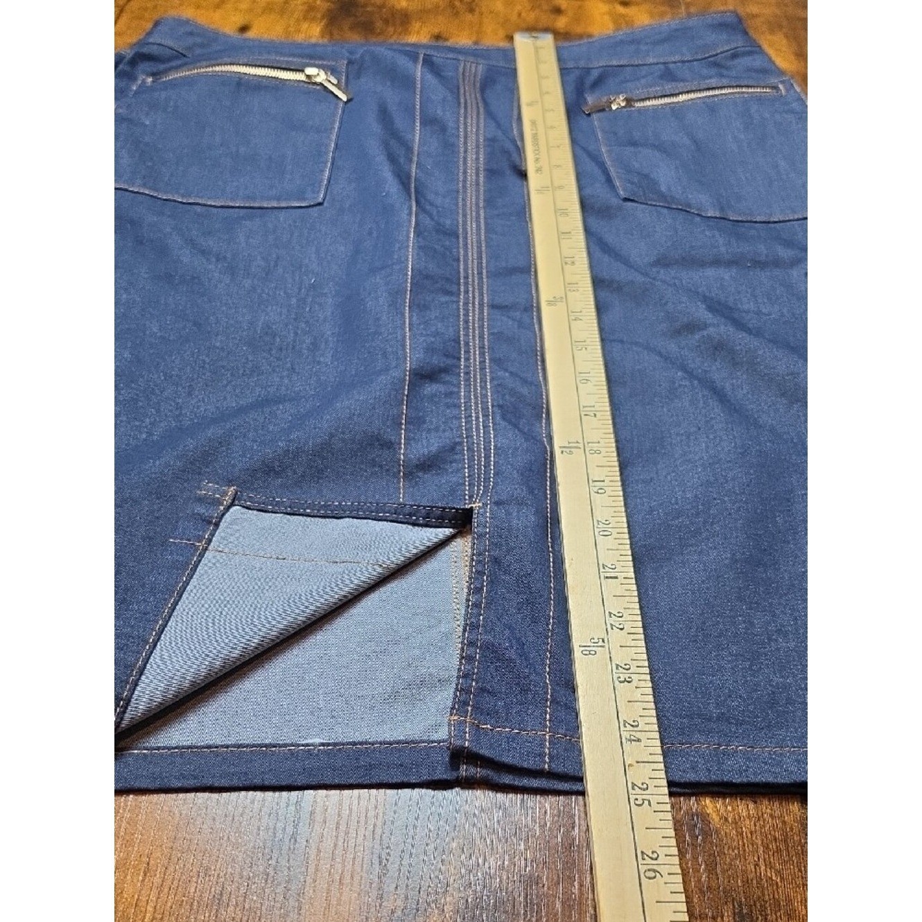 CHICO’S | Denim Pencil Skirt Gold Zip Pocket Stretch Jean Cotton Blend | 16 XL