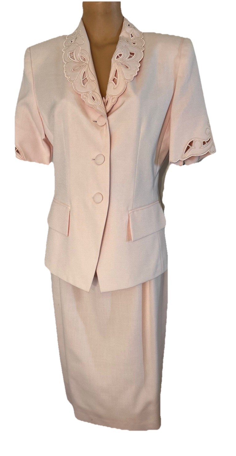 Kasper For ASL Skirt Suit Sz 10 Pink Lined Die Cut Lapel Short Sleeve Vtg Jacket