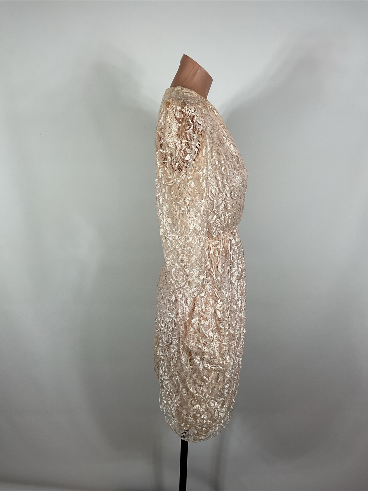 Vintage 80s Tulip Hem Peach Lace Dress Puffy Sleeve Party Prom Cocktail S/M