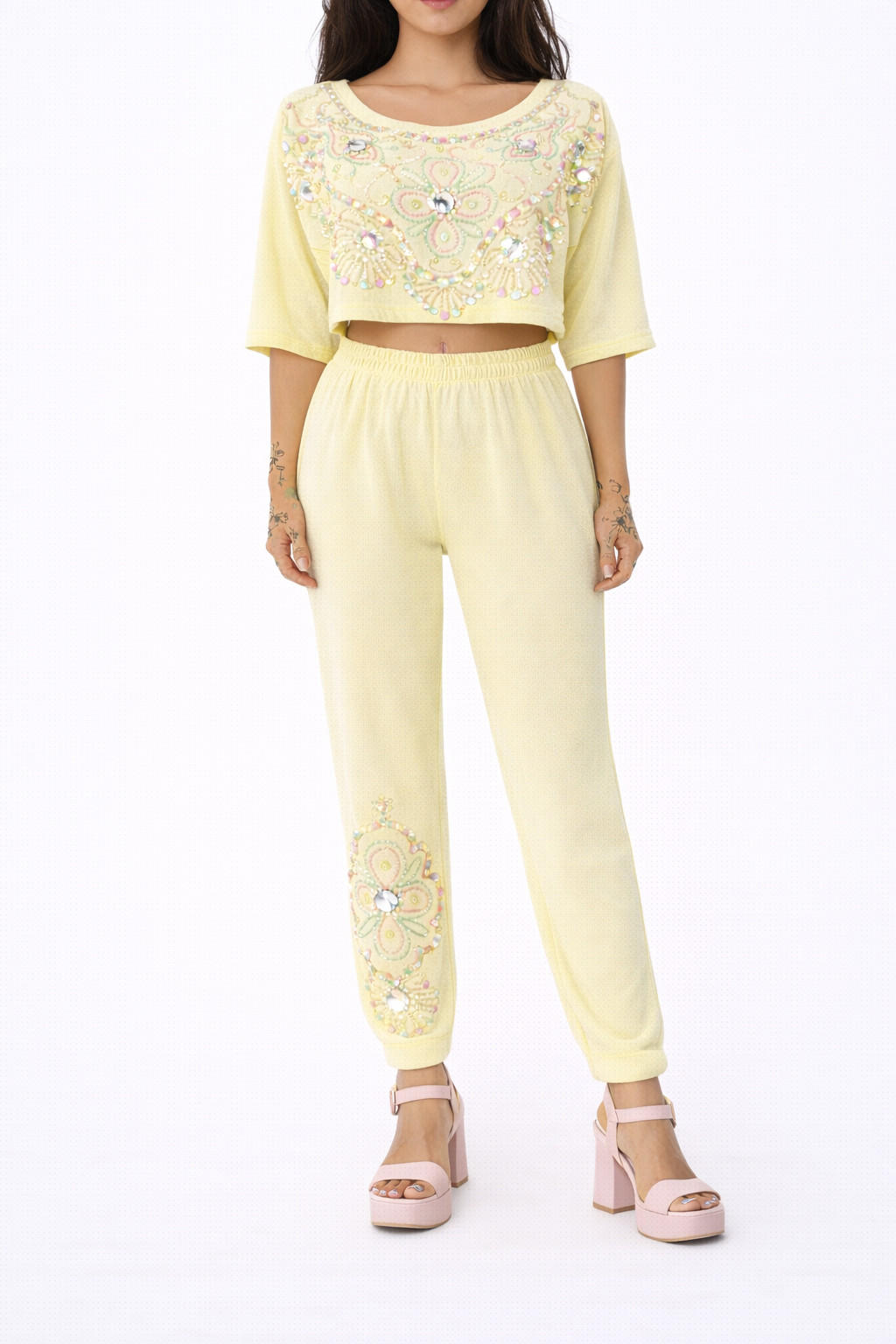 80s Vintage Ivory Puff Paint Jewel Cropped Dolman Sleeve & Pant Suit Set Women S