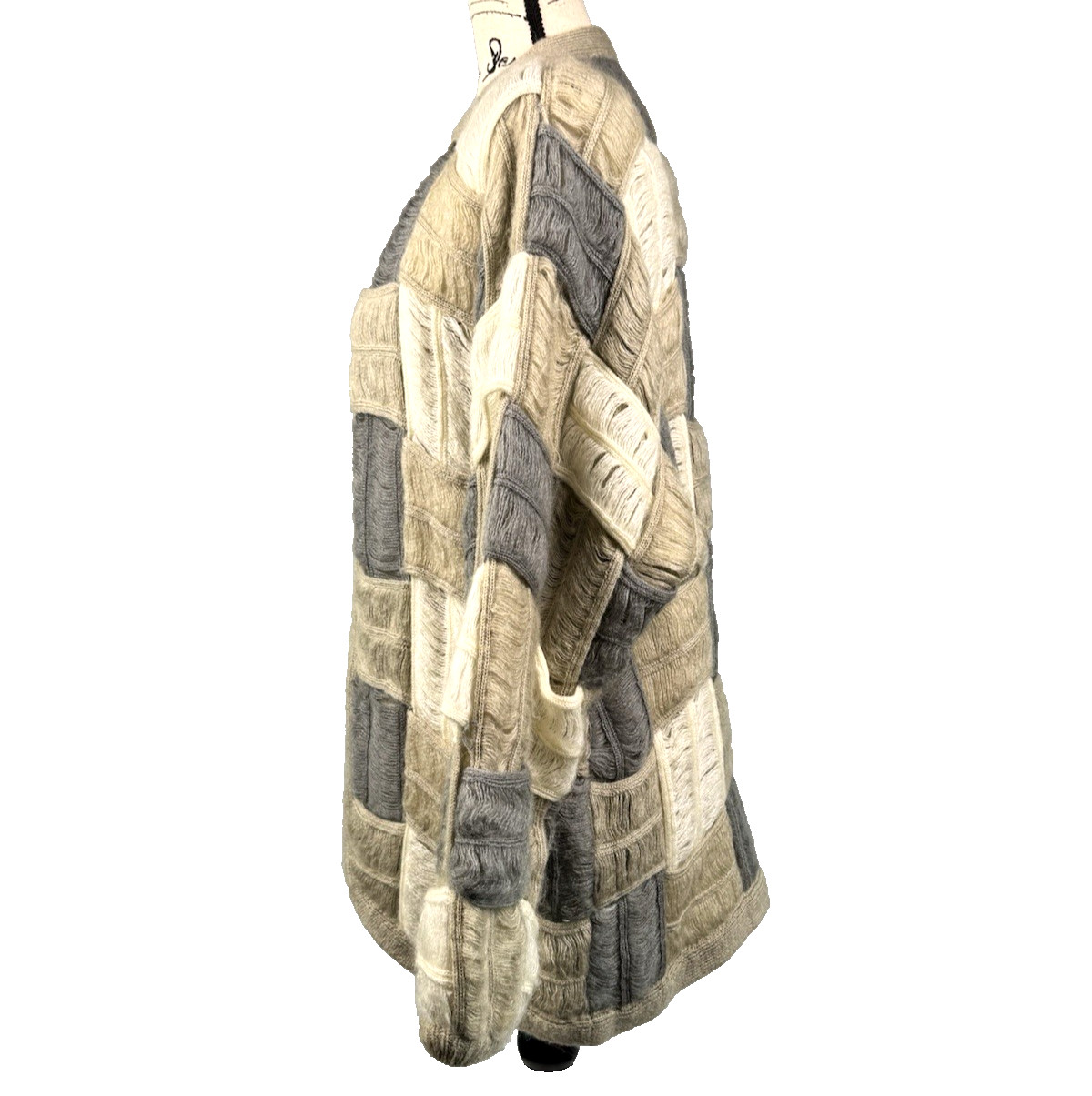 Textured Cardigan Sweater Mohair Patchwork Neutrals Vtg 80s Women Sz M Quiet Lux