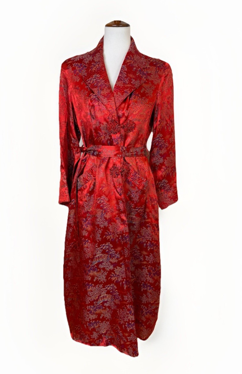 Vtg Red Chinese Brocade Robe Housecoat Hong Kong Womens 36/Small Sheila’s RIP