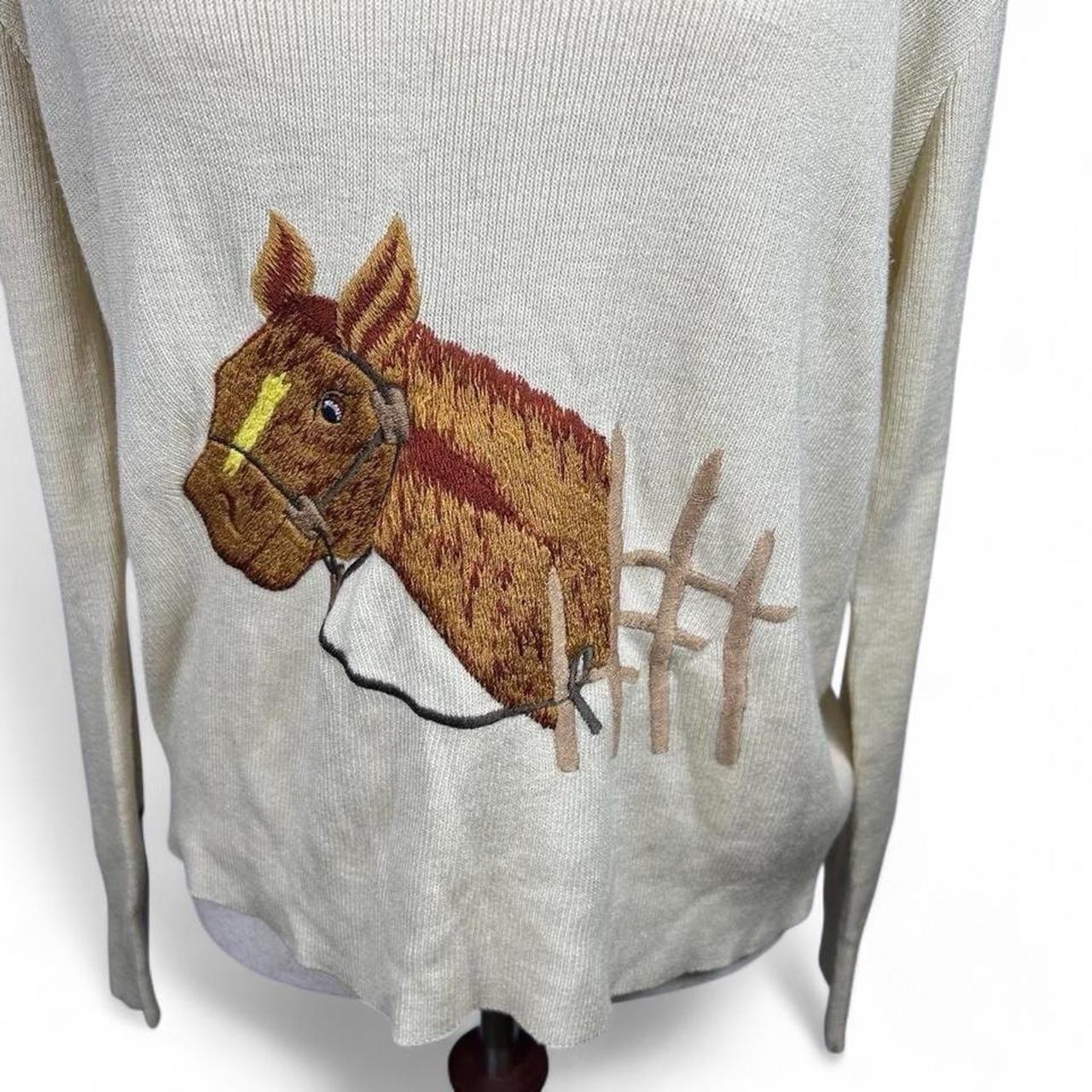 VTG 70s LeRoy Knitwear Horse Sweater Women’s M Cream Acrylic Equestrian Retro