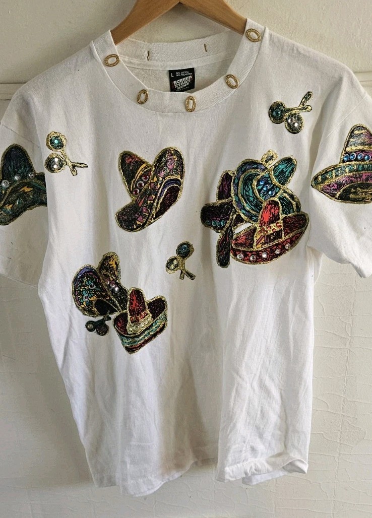 VTG Screen Stars Best Mexican Applique Gem Bead Sombero White Sz L Signed CAB
