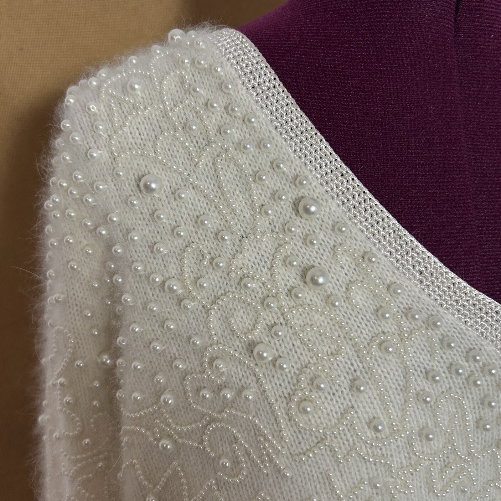Vintage 80s Side Effects Beaded Ivory Wool Angora Rabbit Hair Sweater Sz M