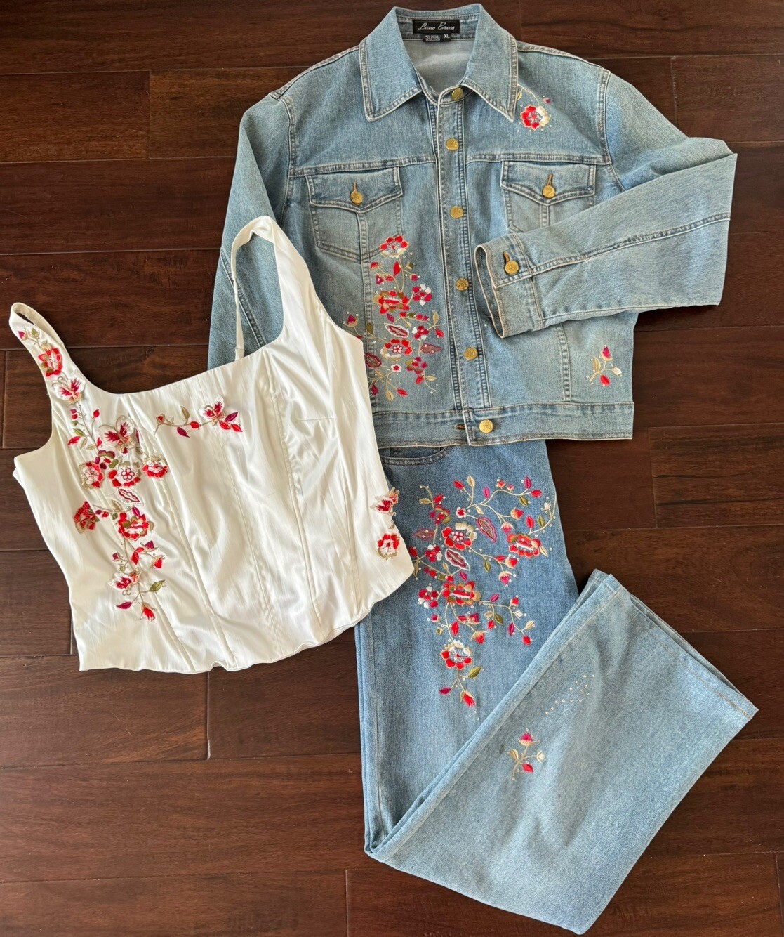 Vintage Lana Erica 3pc set Floral Embroidered jean jacket jeans corset top XL/12