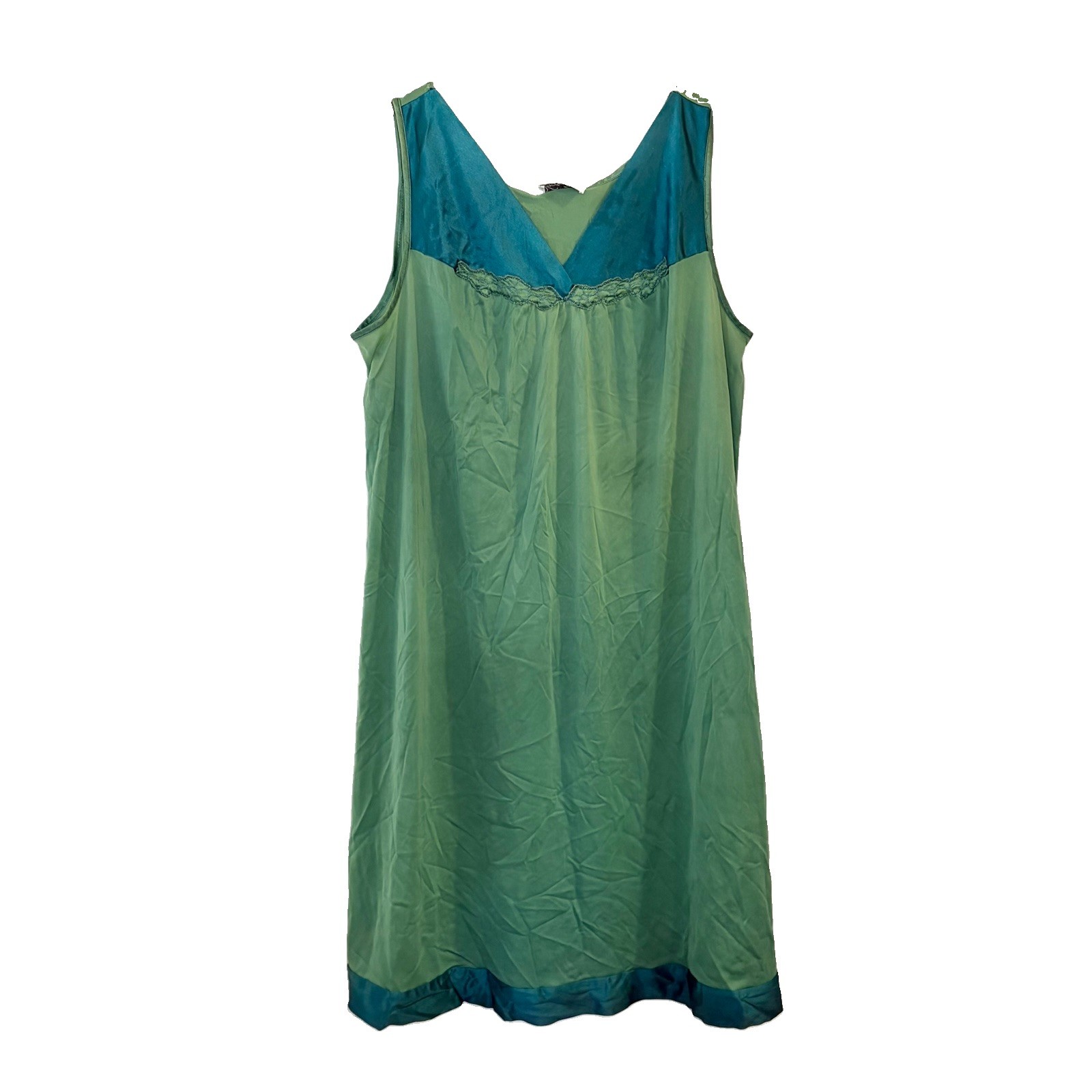 Vtg 80s Vanity Fair Silky Nylon Summer Nightgown Green Sleeveless Mini Size L