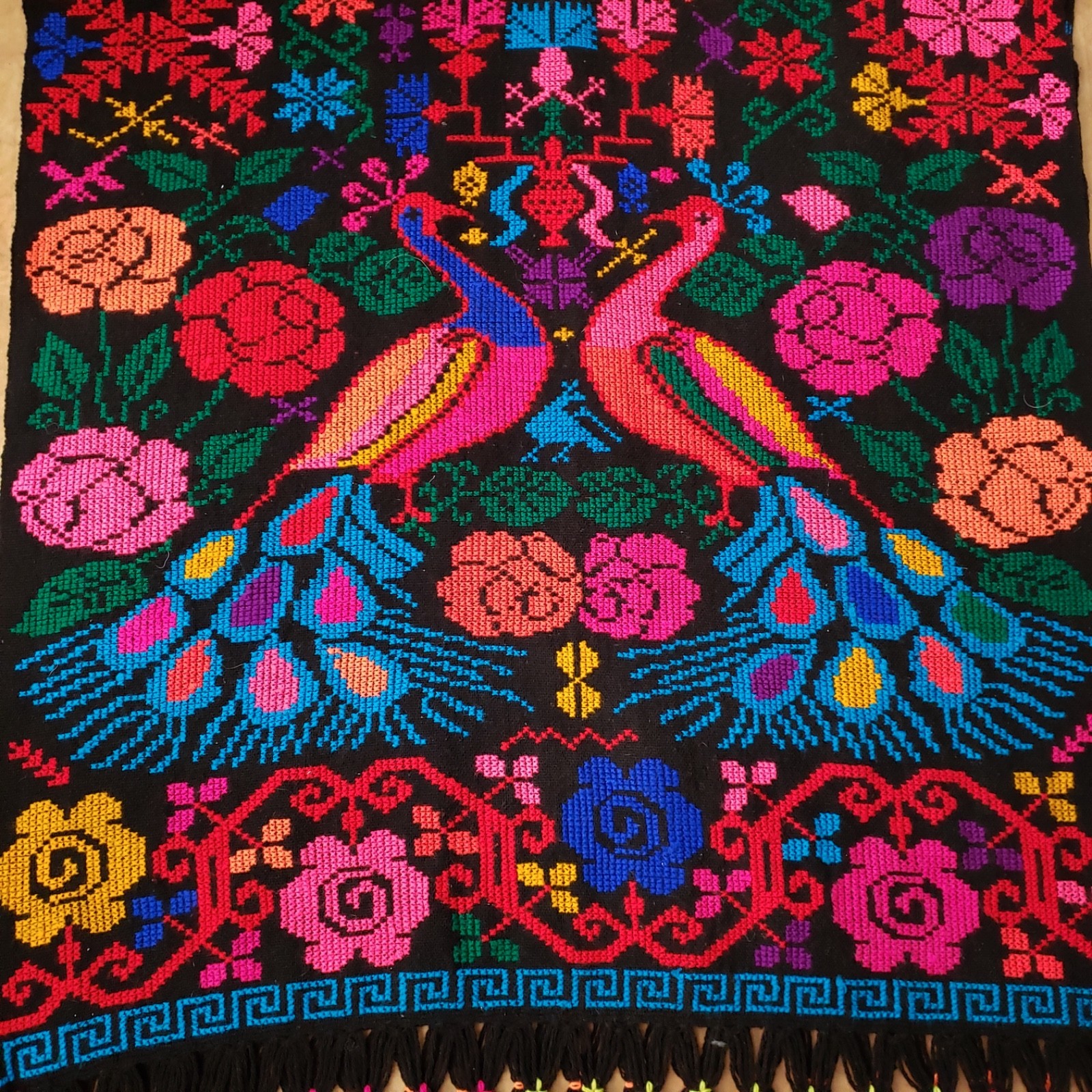 Vintage 70s Colorful Embroidered Boho Fringe Blanket Poncho OS