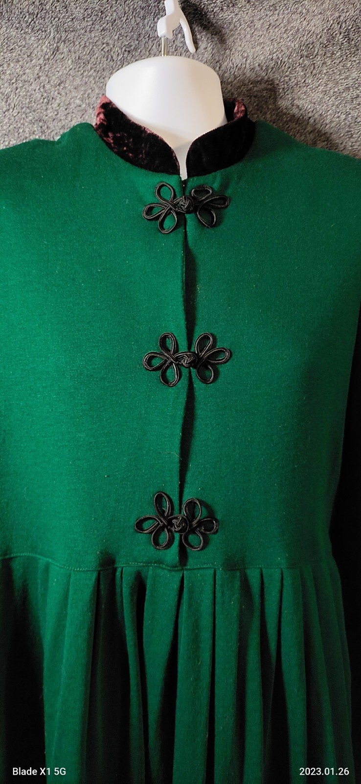 VTG Y2k Phoebe USA Sz 12 Green Puff Sleeve Velvet Collar Edwardian Modest Dress